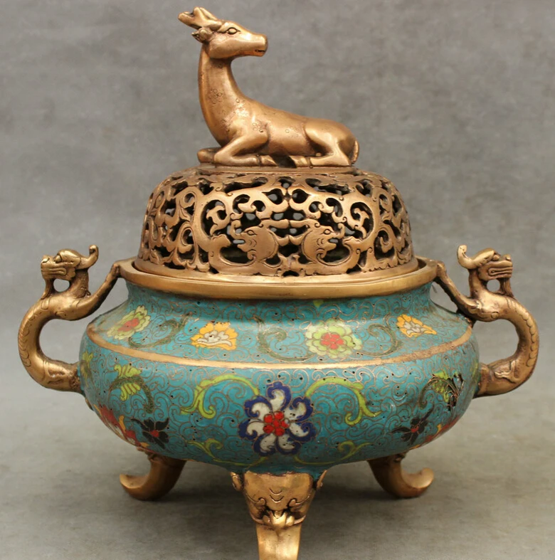 

S3930 11" Marked Chinese Cloisonne Enamel Dragon Deer Statue Incense Burner Censer D0318