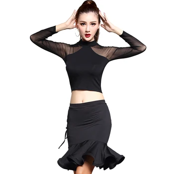 

Fashion modern ballroom Modal Long sleeve Sexy black top Skirt 2pcs set for women/female dancer, Costume performance wear MD6157