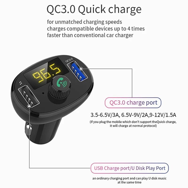 VicTsing Wireless Bluetooth Car FM Transmitter Radio Hands-Free Car Kit Double USB Charger Fast Charging Module Black 5V3A      (9)