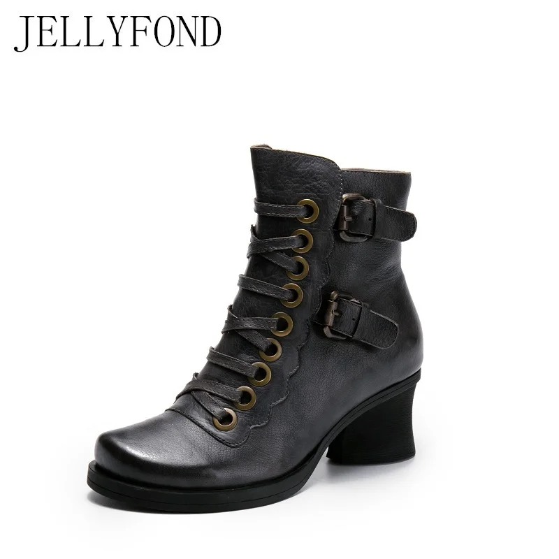 

2017 Vintage Style Designer Women Ankle Boots Chunky Heels Buckle Straps Lace Up Gladiator Boots Handmade Shoes Woman