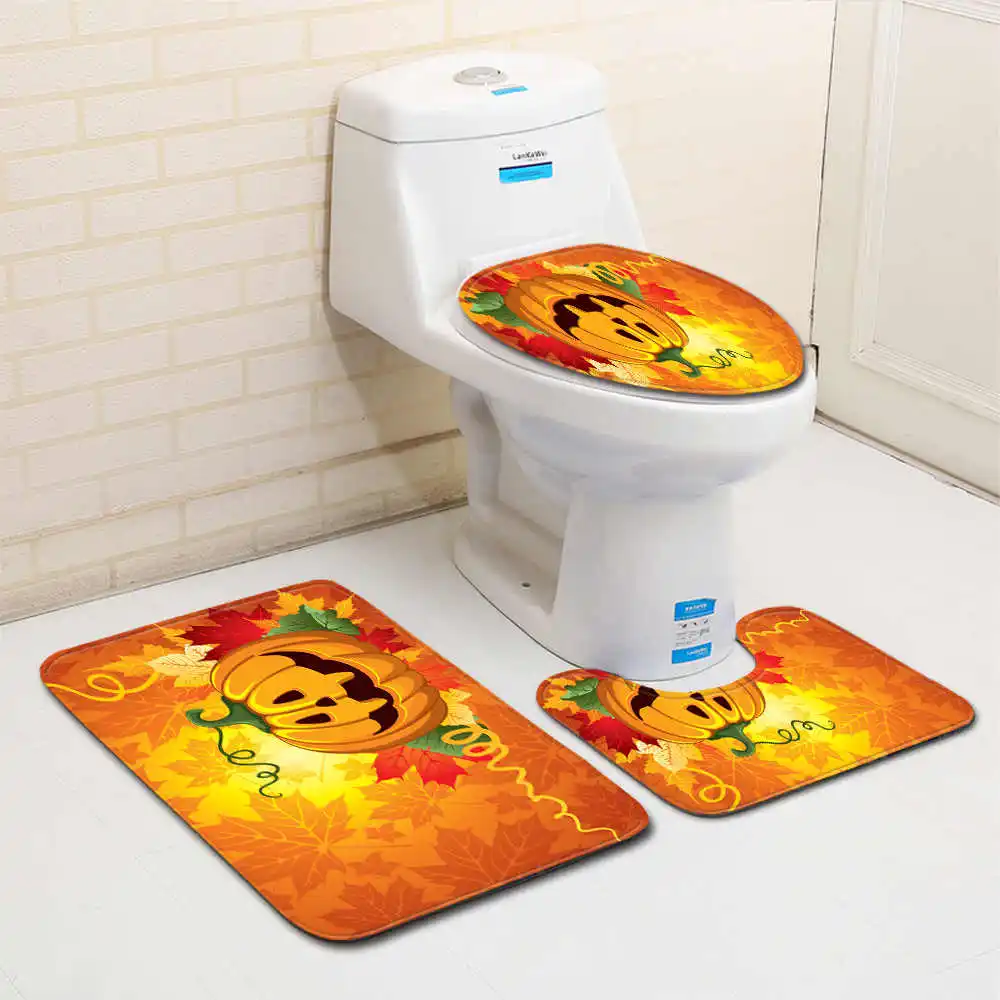 

Halloween 3D Pumpkin Lante Toilet Bath Mat Carpet Rug Sets Bathroom Shower Room Carpets Flannel Anti Slip 3 Pieces Bath Mat Sets