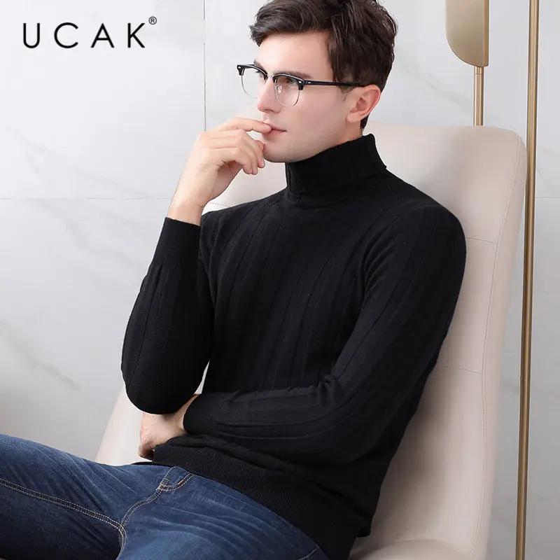 UCAK брендовый свитер для мужчин Новое поступление зимние кашемировые свитера из мериносовой шерсти пуловер мужская Толстая теплая водолазка Homme U3021 - Цвет: Черный