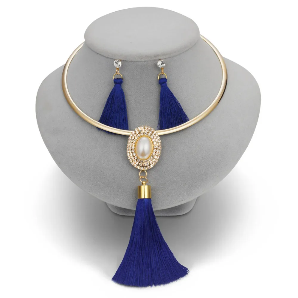 

2019 Tassel women Jewelry Sets Simulated Pearl Tassel Crystal Bridal Necklace Earring Collar For Women Wedding Jewelry set Gift