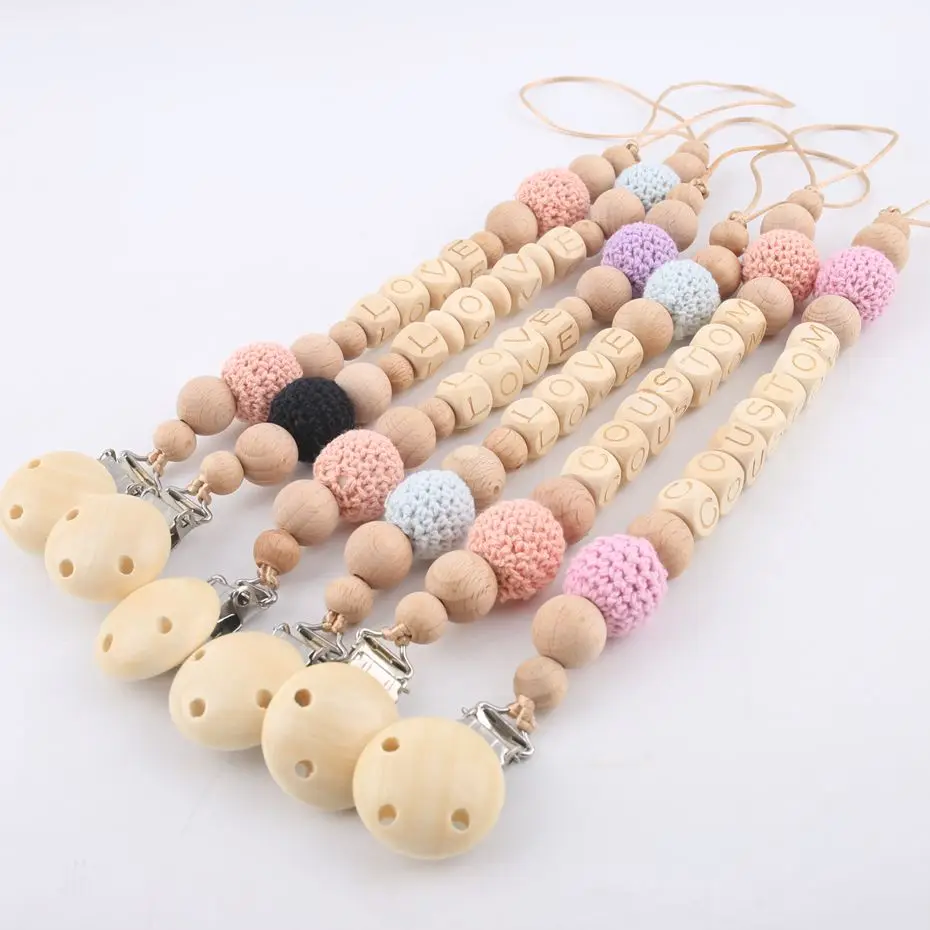 Personalized Name New Baby Pacifier Chain For Baby Feeding Dummy Chain Wooden Crochet Bead Eco-friendly Pacifier Clip Binky Clip