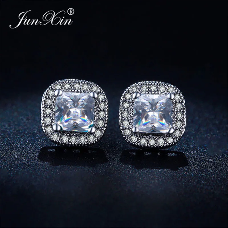 

JUNXIN Female Multicolor Zircon Square Stud Earrings For Women 925 Sterling Silver Filled CZ Rainbow Birthstone Wedding Earrings