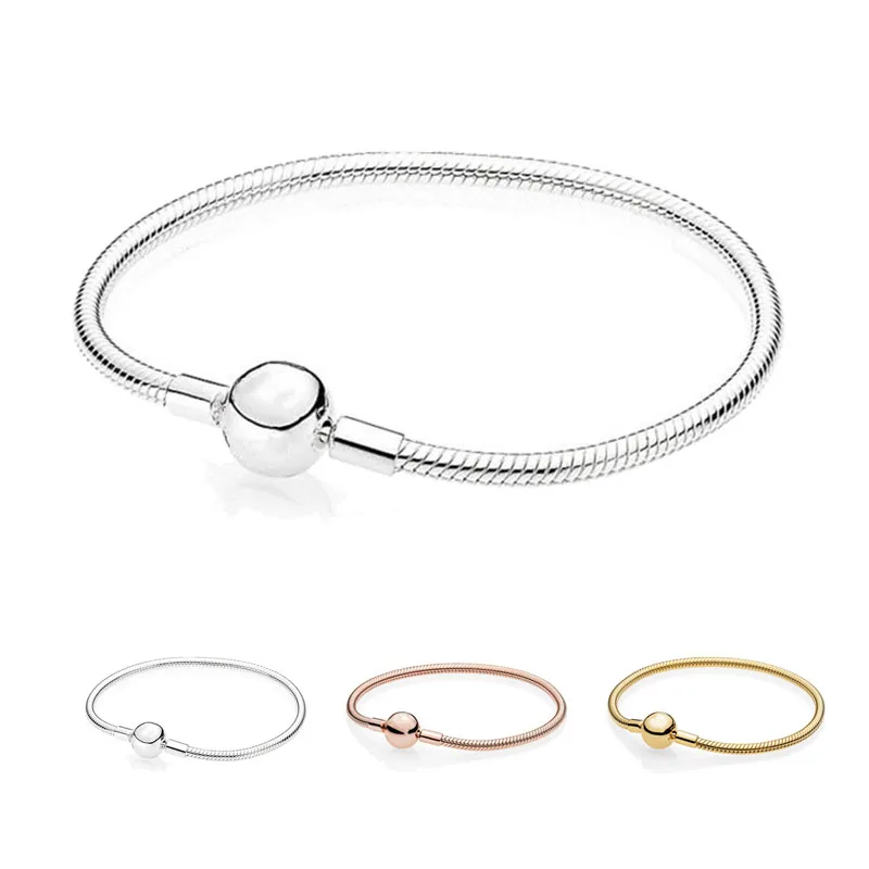 

925 Sterling Silver Bead Charm Snake Chain Fit Original Branded Shine Rose Gold Moments Smooth Clasp Bracelet Women DIY Jewelry