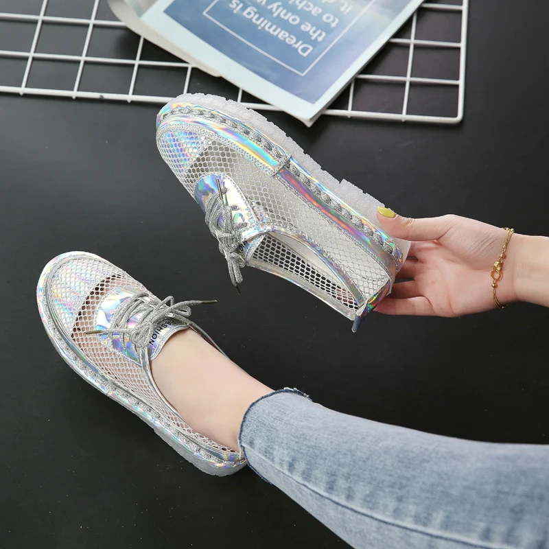 

Summer New Women Hollow Casual Shoes Bling Breathable Mesh Oxford Shoes 2019 New Wild Casual Sneakers