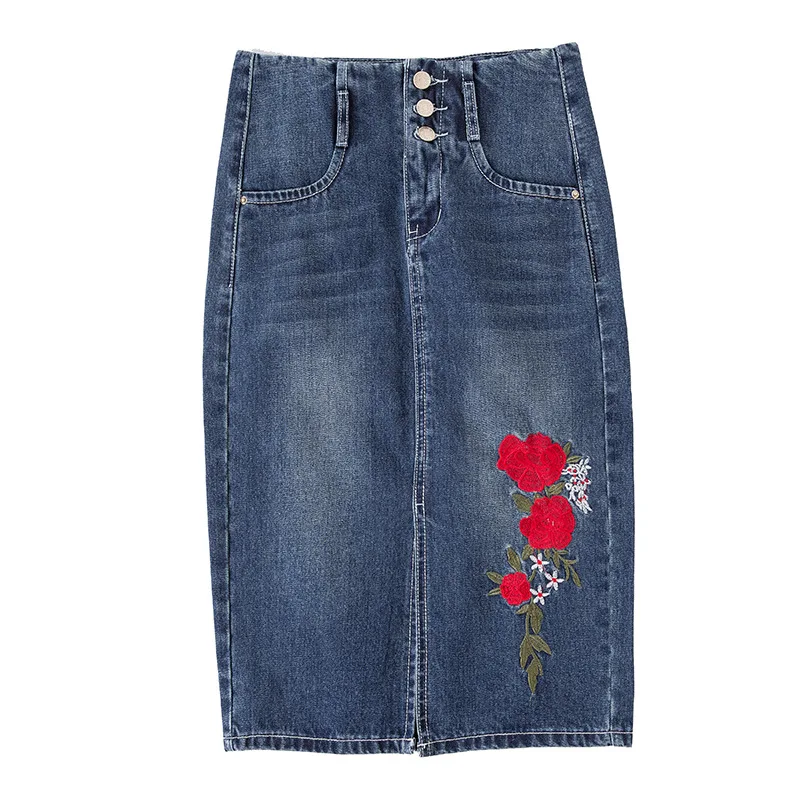 

2019 large size women's high waist skirt embroidery denim skirt personality split embroidery long skirt casual skirt