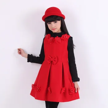 

Kids baby girls princess dress autumn clothes 2015 child winter party dresses woolen thick double-sided vest flowers clothes