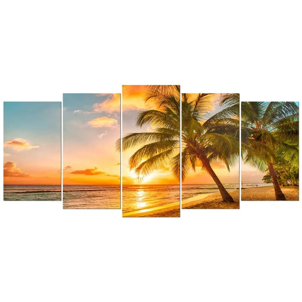 Wieco Art Cozy Sea Extra Large Modern Ocean Sunset Sea Beach Canvas Prints Pictures Paintings on Canvas Wall Art for Home Decor 5 Panels Gallery Wrapped Tropical scenery Seascape Giclee Artwork