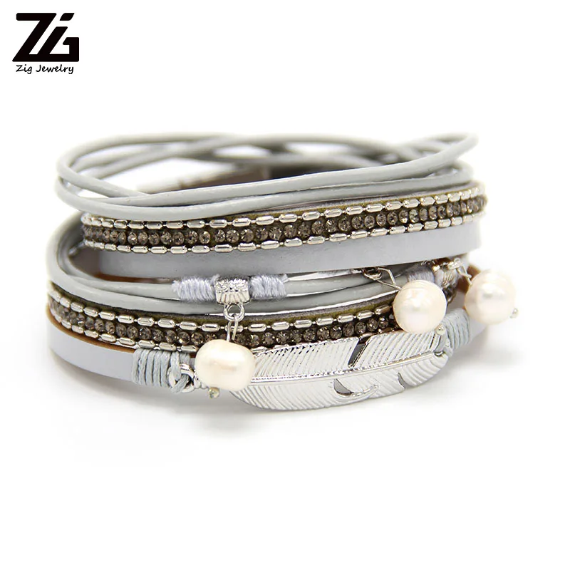 ZG многослойные кожаные браслеты для женщин Femme с кристаллами и металлическими бусинами, очаровательный браслет в богемном стиле, Женские Ювелирные изделия - Окраска металла: grey