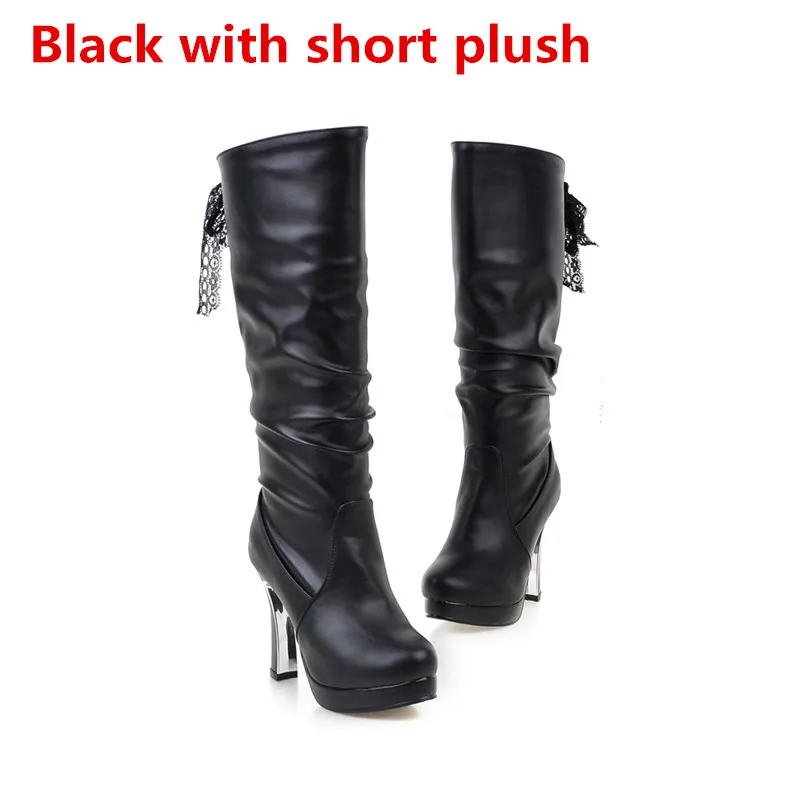 ANMAIRON Сапоги на высоком тонком каблуке новые белые туфли со шнуровкой женские модные зимние ботинки с закругленным носком ботинки до середины икры большого размера: 34–43 обувь из ПУ - Цвет: Black with Fur