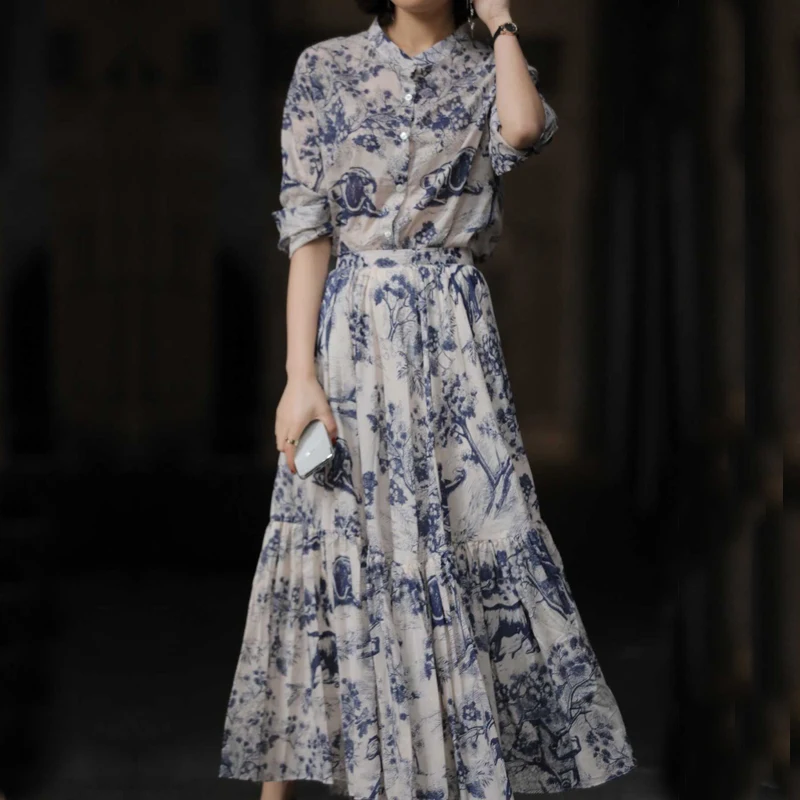 

2019 Runway Designer Animal Print Woman Sets Long Sleeve Shirts High Waist Skirts Elegant Sets Holiday Vacation Sets