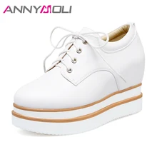 ANNYMOLI Women Shoes Platform Oxford High Heels Lace Up Pumps Wedges Increasing Creepers Round Toe Cause Shoes Women White Black