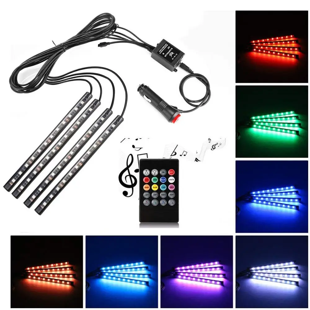 

Car LED Strip Light 4 Pieces 12V Multicolor Car Interior Music Light LED Underdash Lighting Kit with Sound Active Function