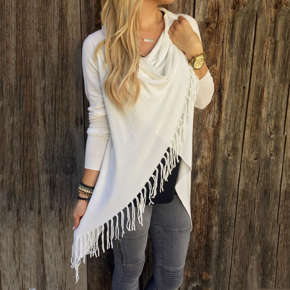 Comprar Bufanda cuello borlas Patchwork Cardigans irregulares mujer manga larga de talla grande Vintage Poncho suéter 2017 primavera otoño prendas de vestir