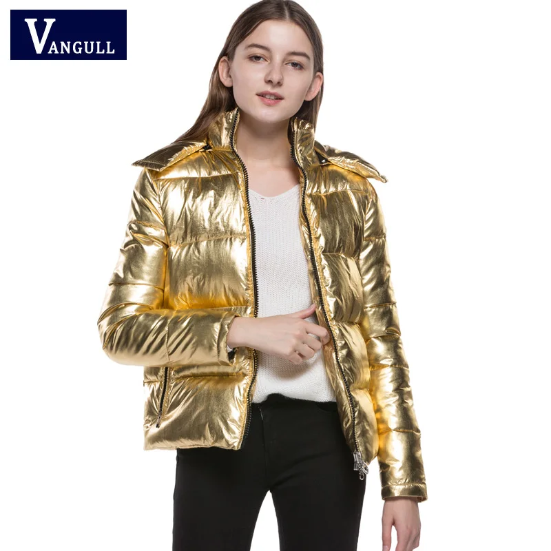 

2018 New Winter hot sell Women's Clothing coat loose casual lady bright light gold color solid zipper warm women jacket