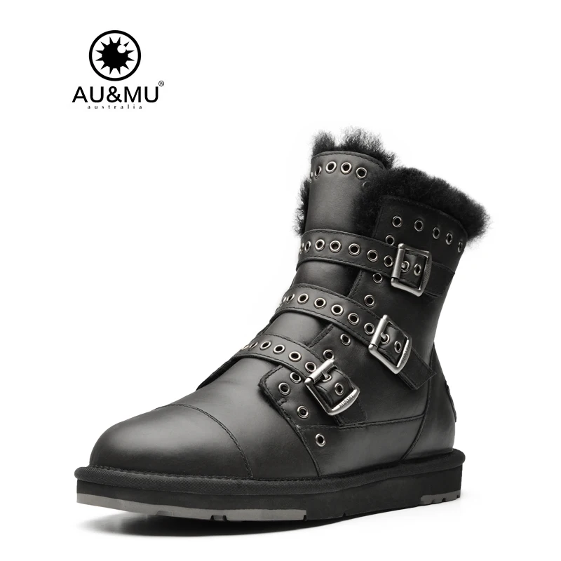 

2018 AUMU Australia Leather Metal Buckle Leather Strap Thick Platform Lace-up Round Toe Snow Winter Boots N359