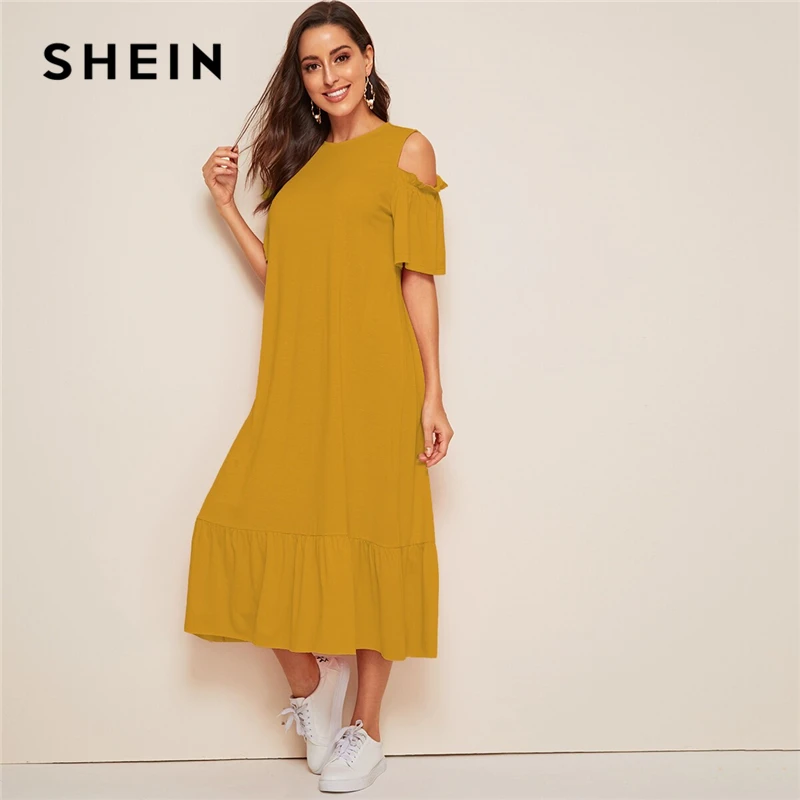 

SHEIN Cold Shoulder Drop Waist Tunic Hijab Dress Modest Women Round Neck Solid Ginger Ruffle Button Half Sleeve Dresses