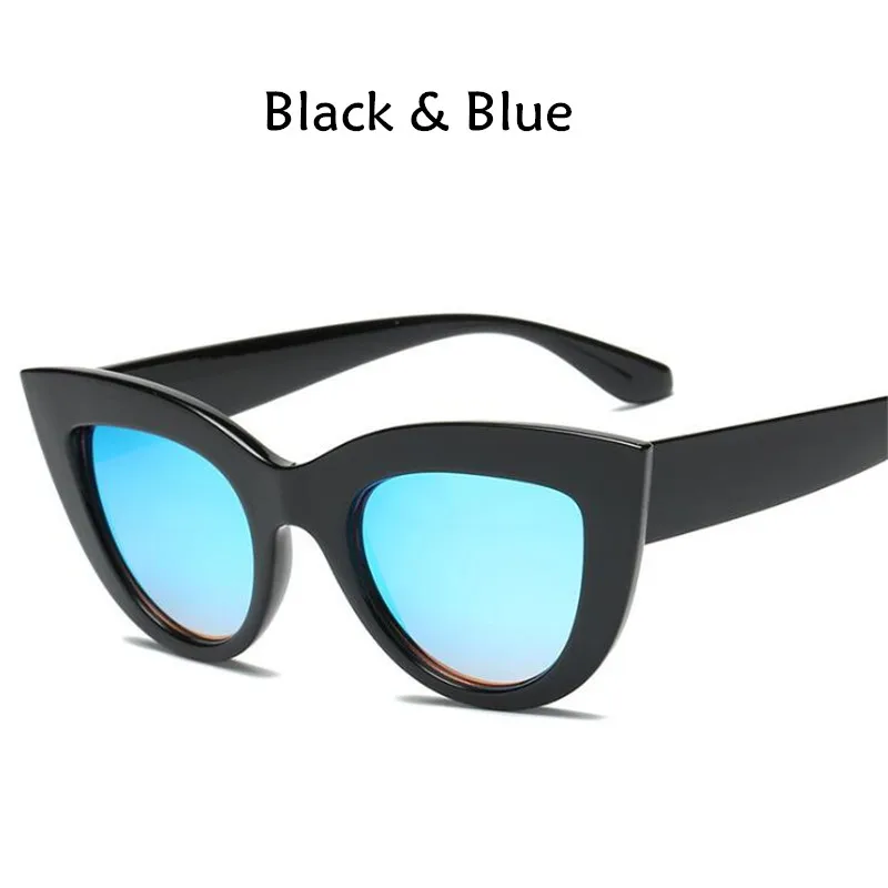 Retro Thick Frame Cat Eye Sunglasses Women Ladies Fashion Brand Designer Mirror Lens Cateye Sun Glasses For Female - Lenses Color: Bblue