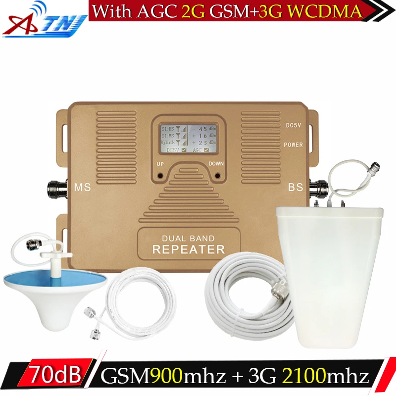 

ATNJ LCD Display 3G W-CDMA 2100MHz GSM 900Mhz Dual Band Cell Phone Signal Booster GSM 900 2100 UMTS Signal Repeater Amplifier