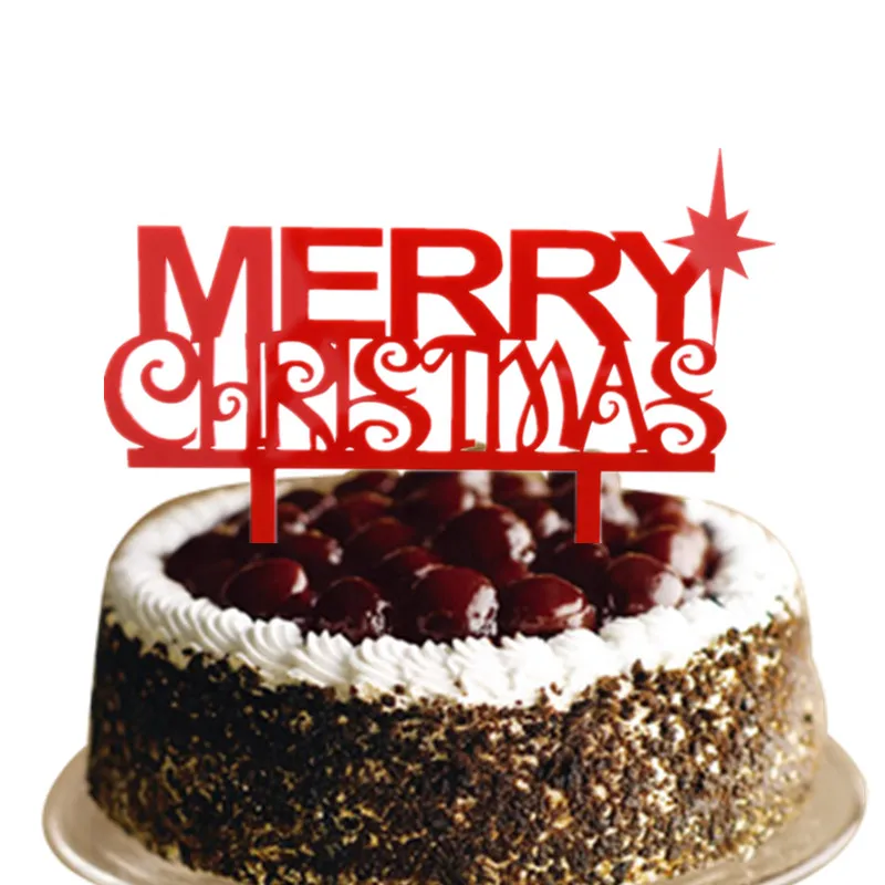 1pc Merry Christmas Cake Flag Topper Red Color Acrylic Christmas Cake Flags For Xmas Party New Years Cake Baking Decor