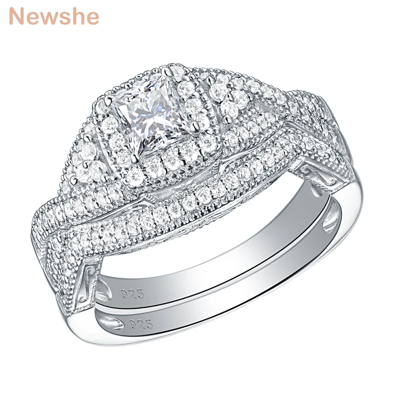 Newshe 925 серебро винтажное свадебное кольцо набор для женщин 1,1 Ct Принцесса Cut AAA CZ классические ювелирные изделия обручальные кольца
