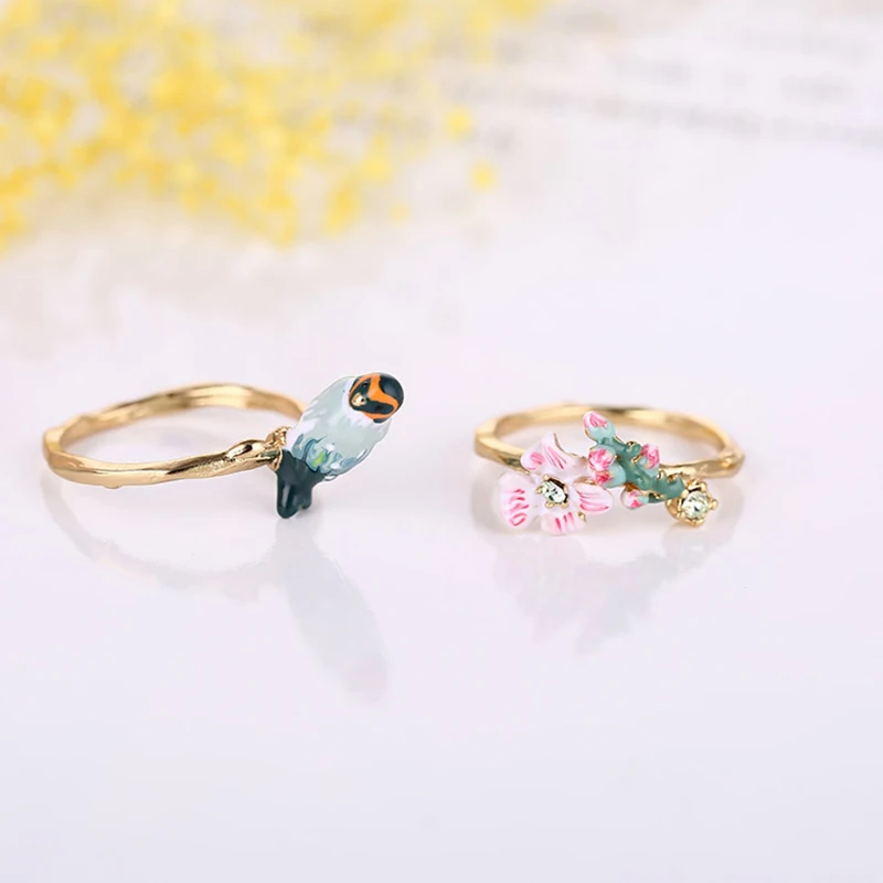 

France Dyxytwe Elegant Lovely Pink Flower Bird Ring Sets For Women Copper Gold Enamel Good Gift Size 6
