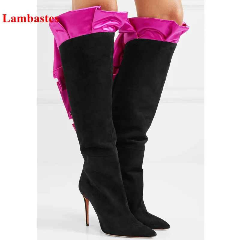 

2018 Winter Boots Women Red Ruffles Pleated Knee-High Slip On Botas Female Pointy Toe Flock Thin Heel Brand Design Bottes Femme