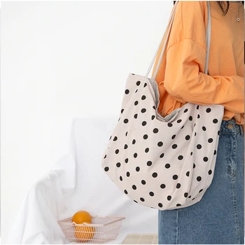 

Women Shoulder Bag Vintage Beach Fashion Shopping Handbag Polka Dot Messenger Printing Book Tote Pouch Large Capacity Soft