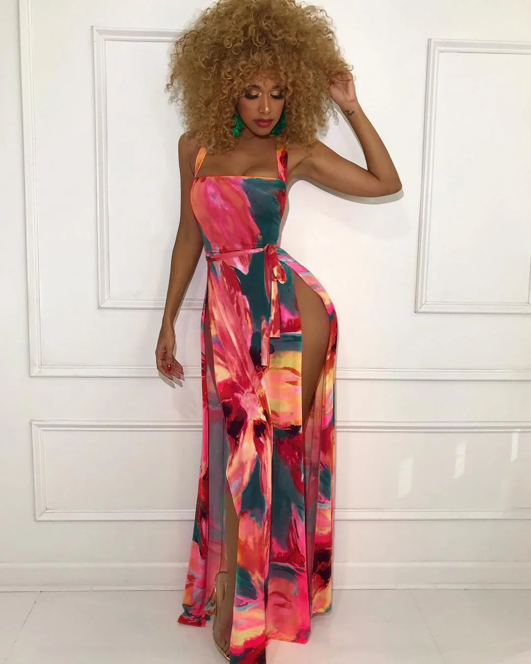 

Luxury Colorful Print Long Skirt Women Empire Drawstring Sleeveless Maxi Skirt Casual Open Strap Ladies Skirt Sexy Summer Skirt