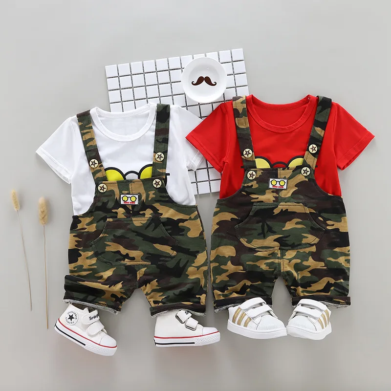

Baby Girls Boys Clothes Suits Infant Cotton Suits 2019 Summer Casual Cute T Shirt+ Camouflage Straps Shorts Children Kids Suits