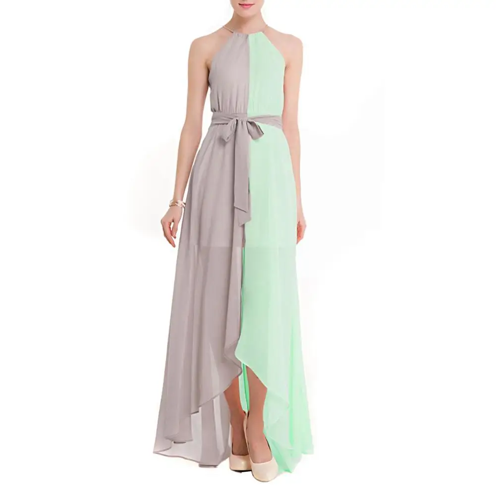 

Fashion Evening Party Summer Beach Women Chiffon Colour Block Association Neck Sleeveless Unregular Split Lady Long Maxi Dress