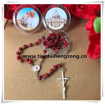

Free shipping perfumer rose scent wood beads religious Pope Francis catholic rosary necklace with crucifix &plastic saint case