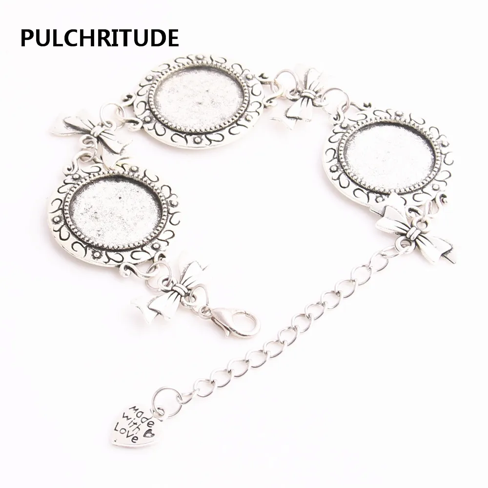 

PULCHRITUDE 3 pcs/lot Metal Chain Cabochon Base Fit Round 18mm and Made Bowknot Charm Bracelet Jewelry Diy C0976