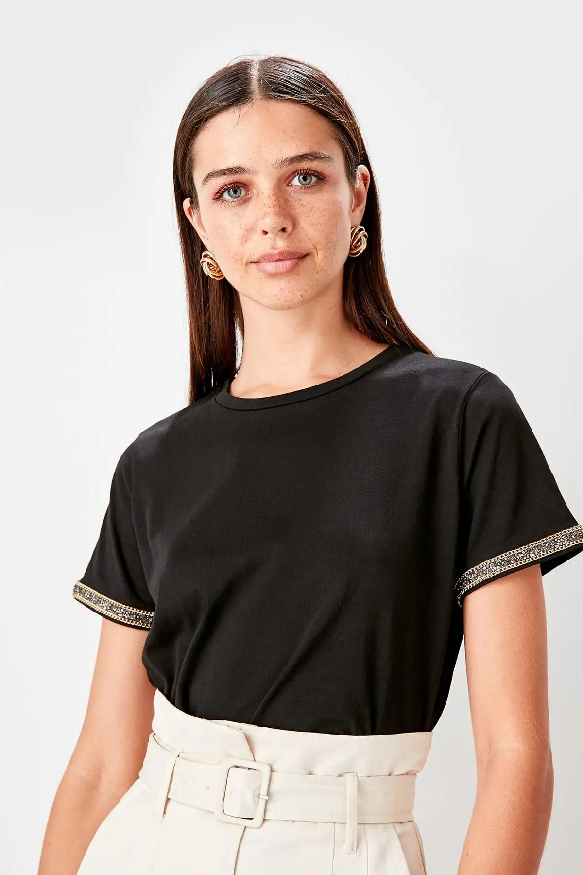 

Trendyol Black Handles Stone Knitted Blouse TWOSS19BZ0248