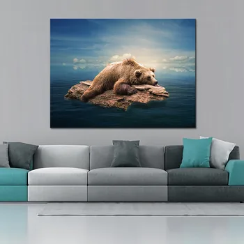 

Canvas Wall Art Poster Home Decor 1 Piece/Pcs Grizzly Bears Wood Log Floating On Water Paintings HD Prints Animal Pictures Frame