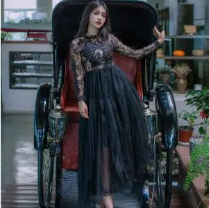 

2018 Autumn Lace Floor-Length ELegant Women Dress Long Sleeve A Line Print Ladies Dresses Party Sexy Vintage Slim Femme DQ118