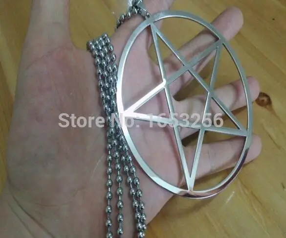 Big Large 4'' High Polished Pentagram Pentacle in Circle Stainless Steel Necklace with 4mm 32'' Chain Wiccan Pagan friends Gifts 3