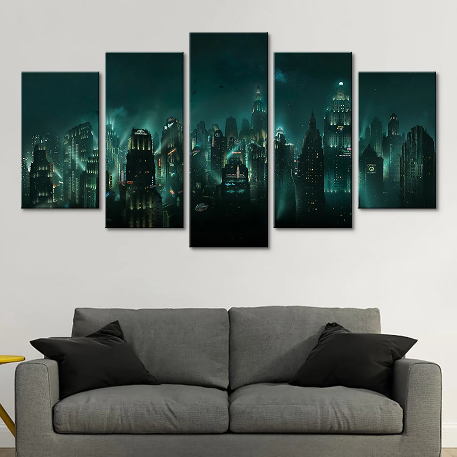 

Canvas Pictures Home Decor HD Print 5 Panel Bioshock Rapture Night View Painting Modular Abstract Game Poster Wall Art Framework
