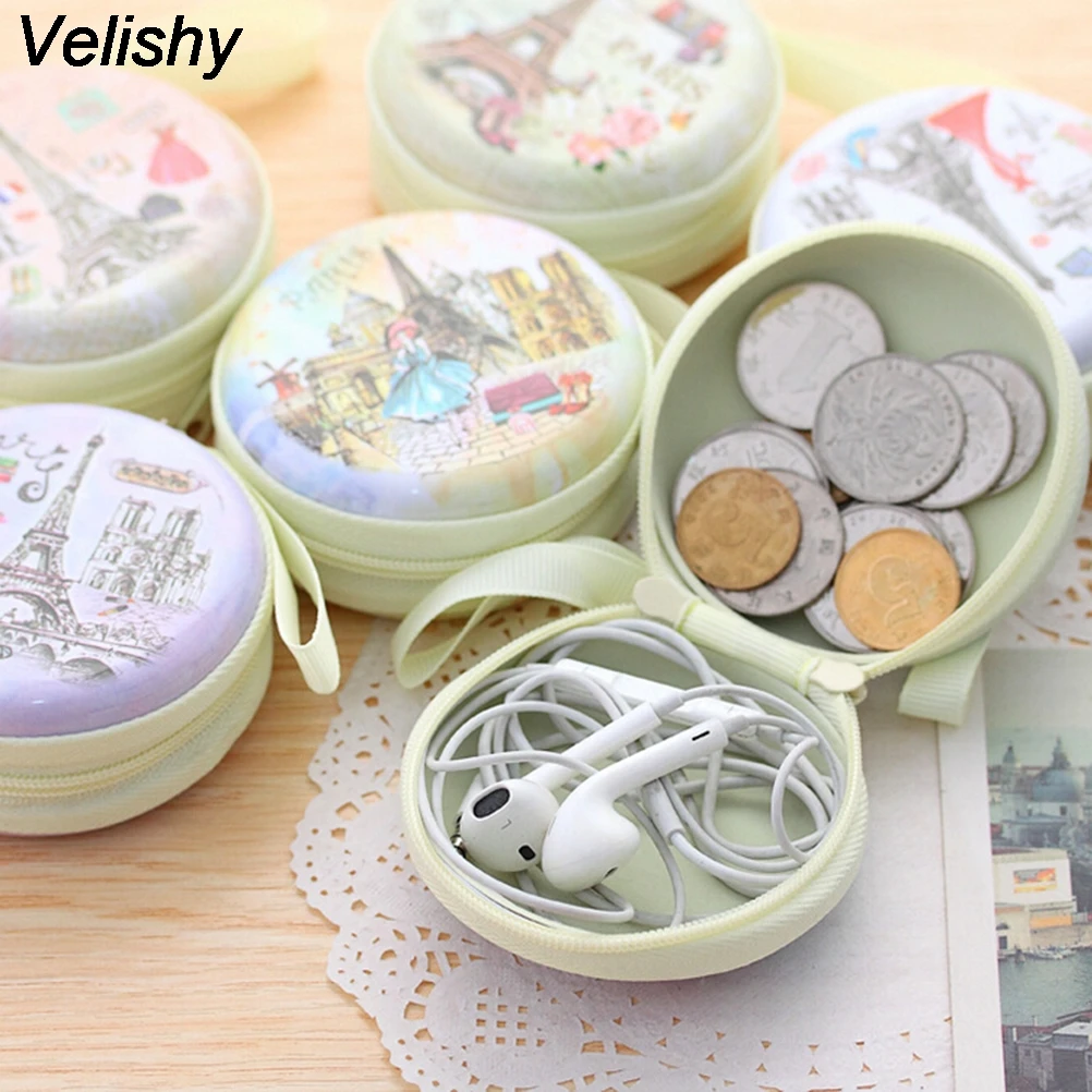

Velishy 1PC Hot Unisex Mini Coin Bag Cute Round Headset Paris Eiffel Zipper Coin Purse Women Key MIni Wallet Pouch Bag New