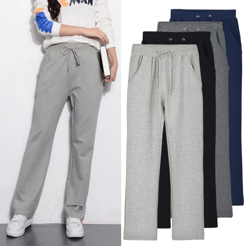 

2021 Spring Autumn New Cotton Sporting Pants Womens Solid Straight Trousers Female Casual Loose Pants Women Thin Slim Long Pants