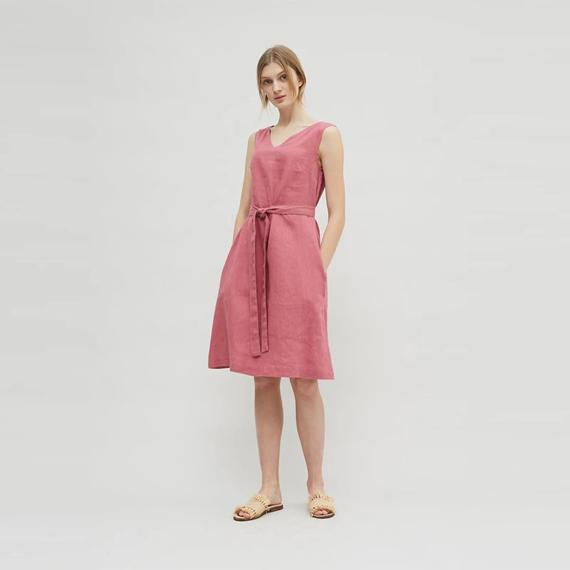

vintage women dress Sleeveless V Neck Solid Bandage Dress Linen Midi Loose summer casual office ladis dress robe femme vestidos