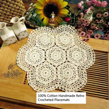 

Set of 2 100% Cotton Handmade Crocheted Hollow Out Design Round Table Placemat 14'x14' Table Mat Decorative Cover Cloth for Sofa