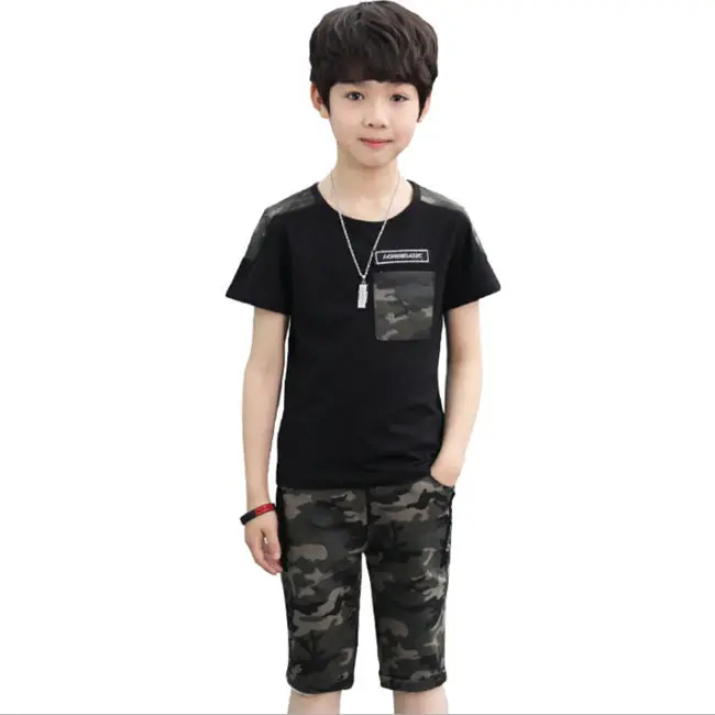 Teenager Boy Girls Casual 2pc Army Green Sport Suits School Style Summer Kids Clothes 4 To 12 Years Children'S Clothing Set - Цвет: Черный