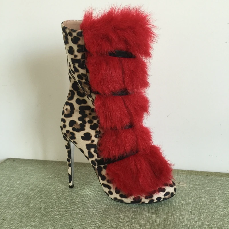 

Red Fur Ankle High Women Boots Stilettos Side Zipper Winter Style Fur Boots For Women Ankle Boots for Women Leopard Boots