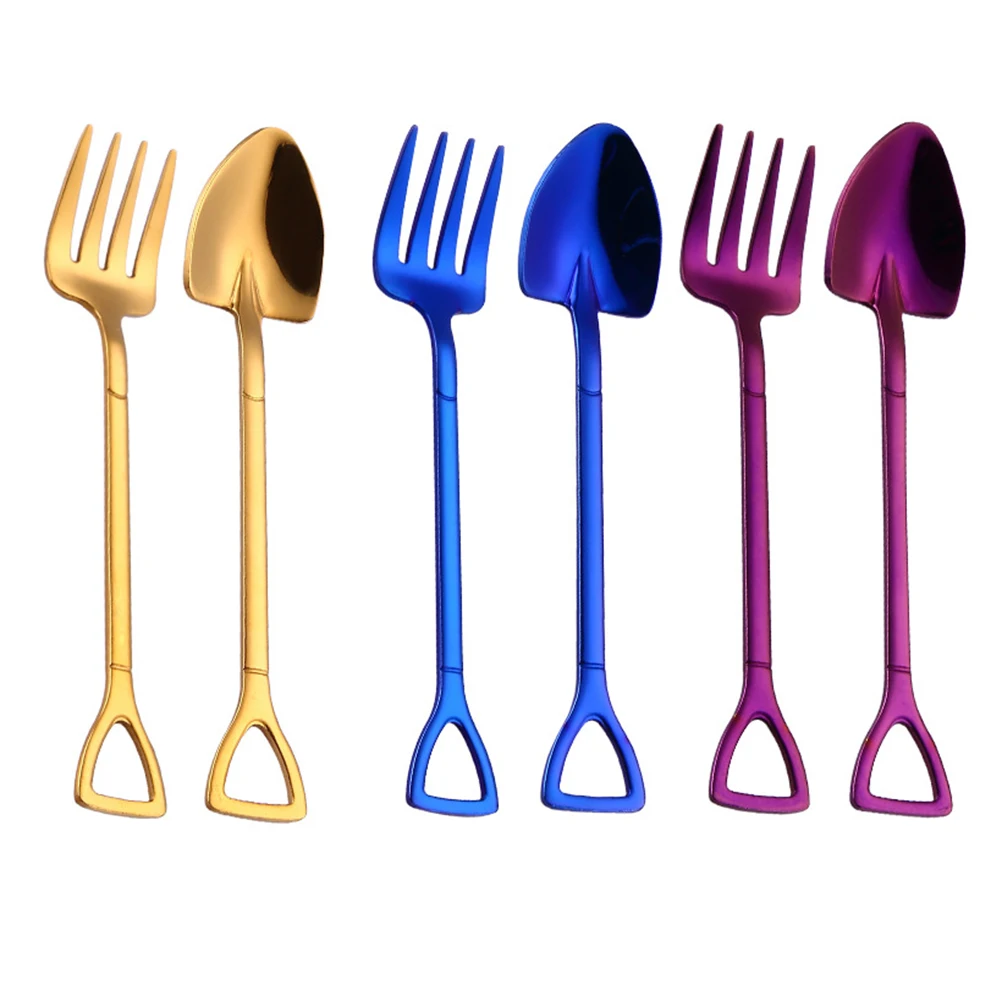 

2Pec Stainless Steel Overgild Coffee Spoons Fork Colorful Polished Stirring Spoon Ice Cream Dessert Scoop Fork Tableware