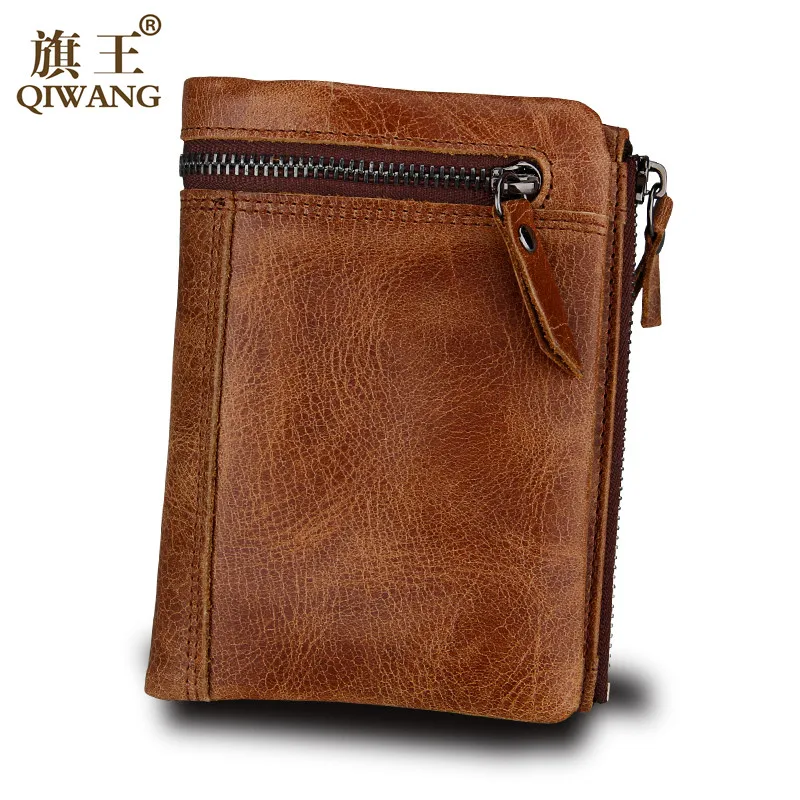 

Qi Wang Wallet for men Genuine Leather Men Wallet Vintage Wallet Male Solid RFID Protection Small Zipper Male Purse Card Holders