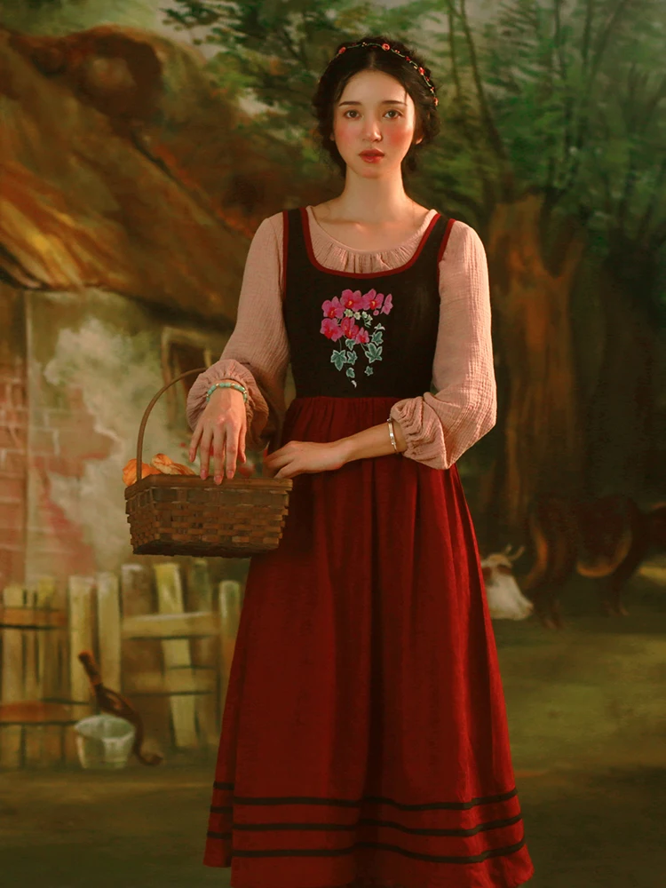

Women Spring Autumn Vintage French Vintage Long Dress Pastoral Style Embroidery All Match Long Vest Retro Dress vestidos mujer