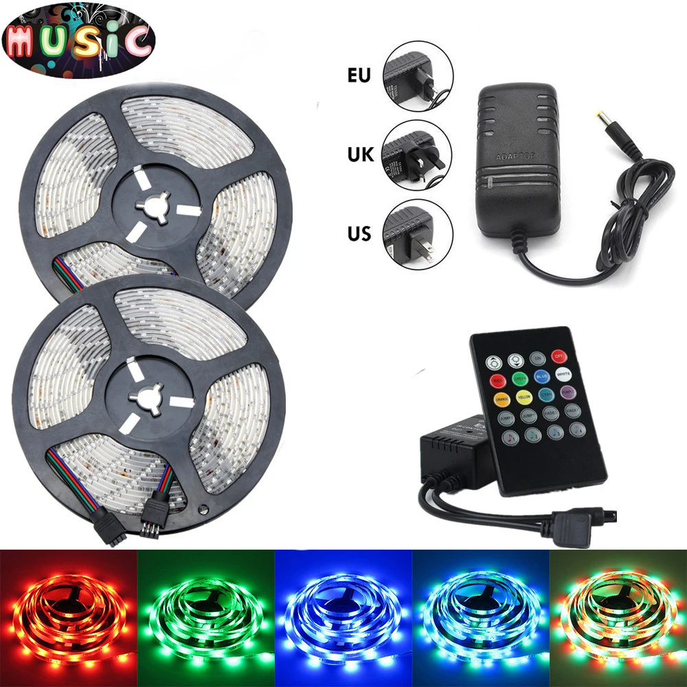 

Музыкальная Светодиодная лента RGB, 12 В постоянного тока, 5 м, 10 м, 2835, 3528, 60 светодиодов, звуковой датчик, Светодиодная лента с дистанционным управлением с адаптером питания для ЕС/Австралии/Великобритании/США